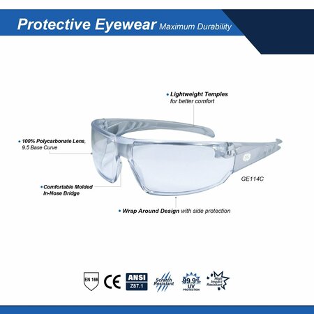 Ge Safety Glasses, Clear Lens Clear Frame Lightweight GE114C